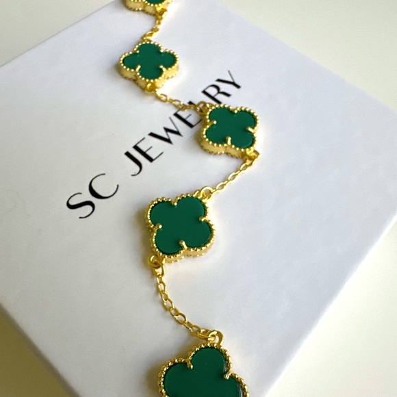 Green Onyx Stone & Gold Clover Bracelet Double Sided Luxury Jewelry - Picture 3 of 10